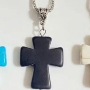 Cross Necklace Black stone cross on Silver Chain 2 1/2" extender, lobste…